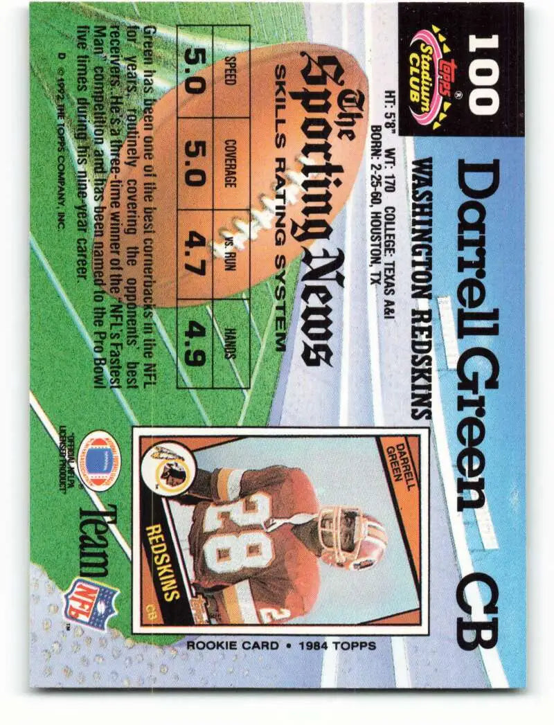 1992 Topps Stadium Club #100 Darrell Green EX Excellent Washington Redskins Football Card - Football Card Single