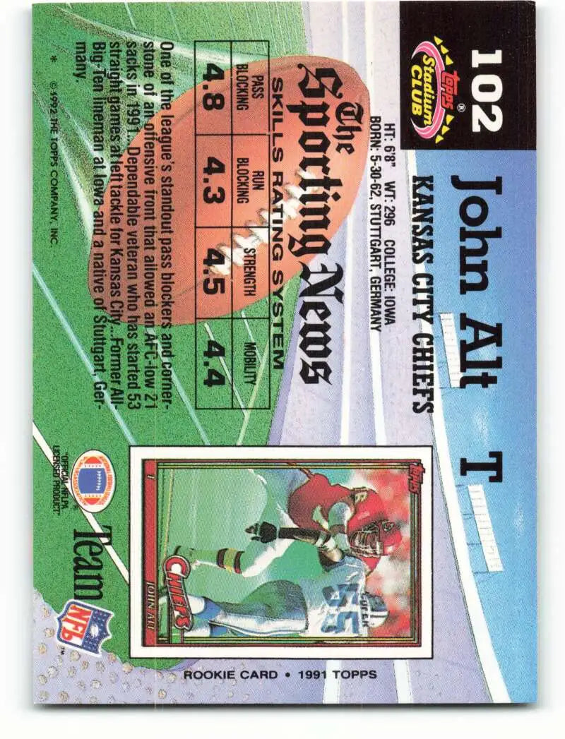1992 Topps Stadium Club #102 John Alt EX Excellent Kansas City Chiefs Football Card - Football Card Single