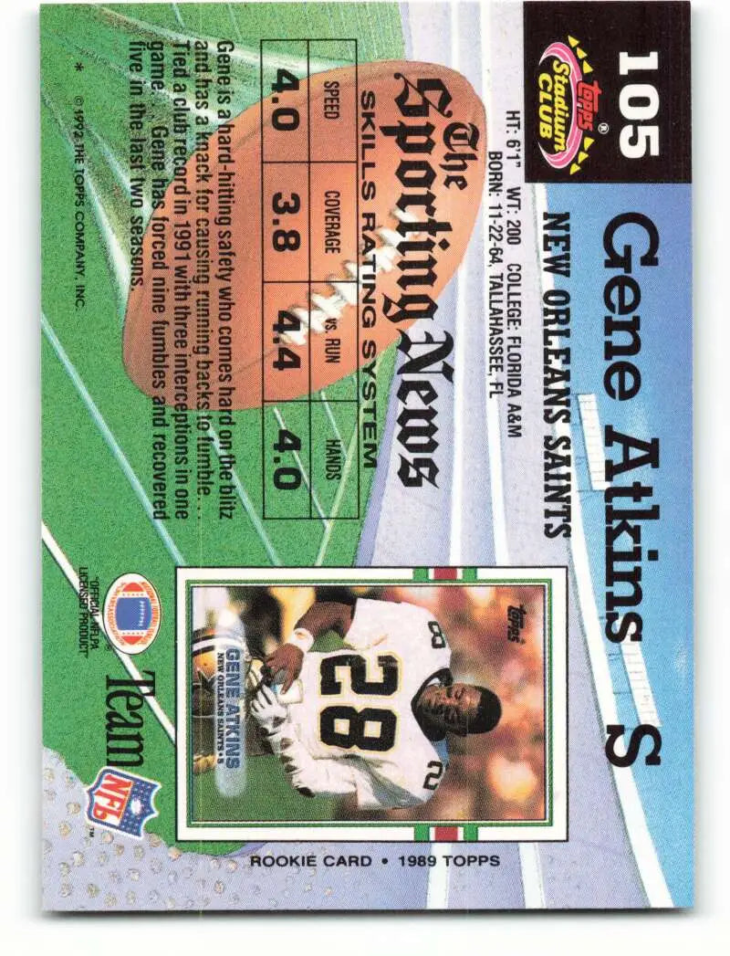 1992 Topps Stadium Club #105 Gene Atkins EX Excellent New Orleans Saints Football Card - Football Card Single