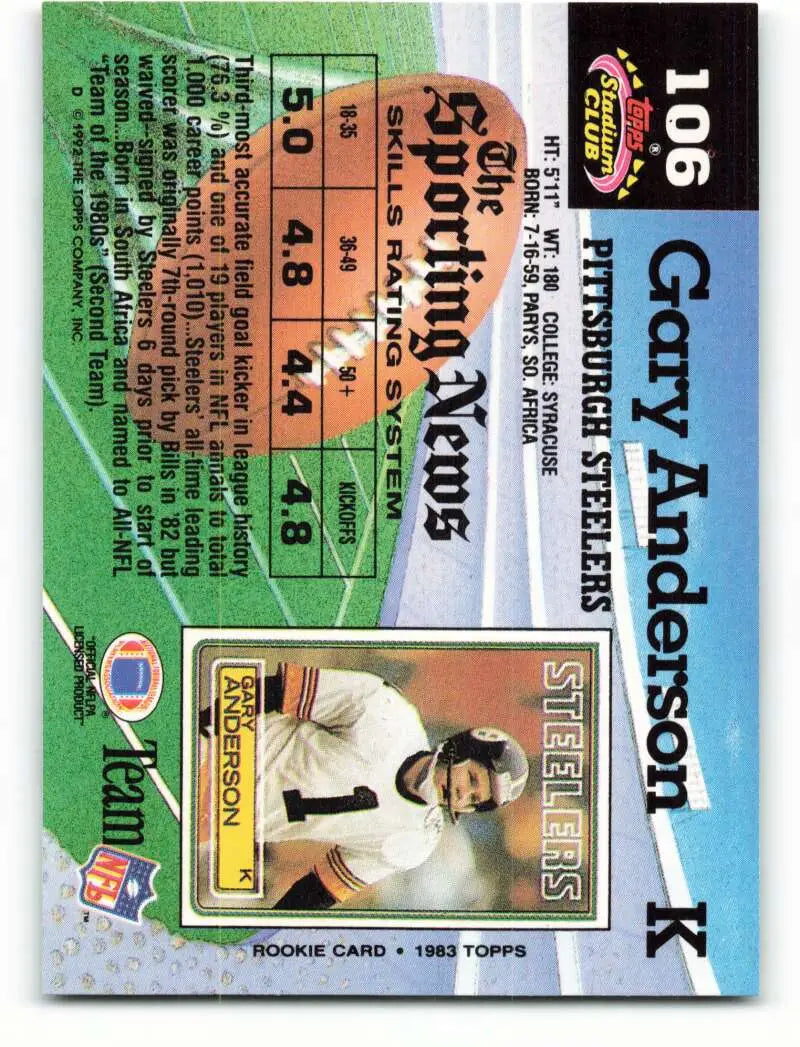 1992 Topps Stadium Club #106 Gary Anderson EX Excellent Pittsburgh Steelers Football Card - Football Card Single