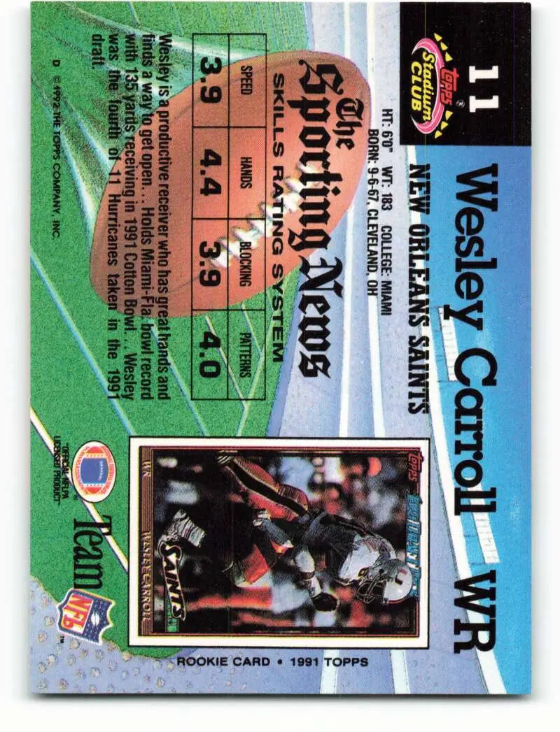1992 Topps Stadium Club #11 Wesley Carroll EX Excellent New Orleans Saints Football Card - Football Card Single