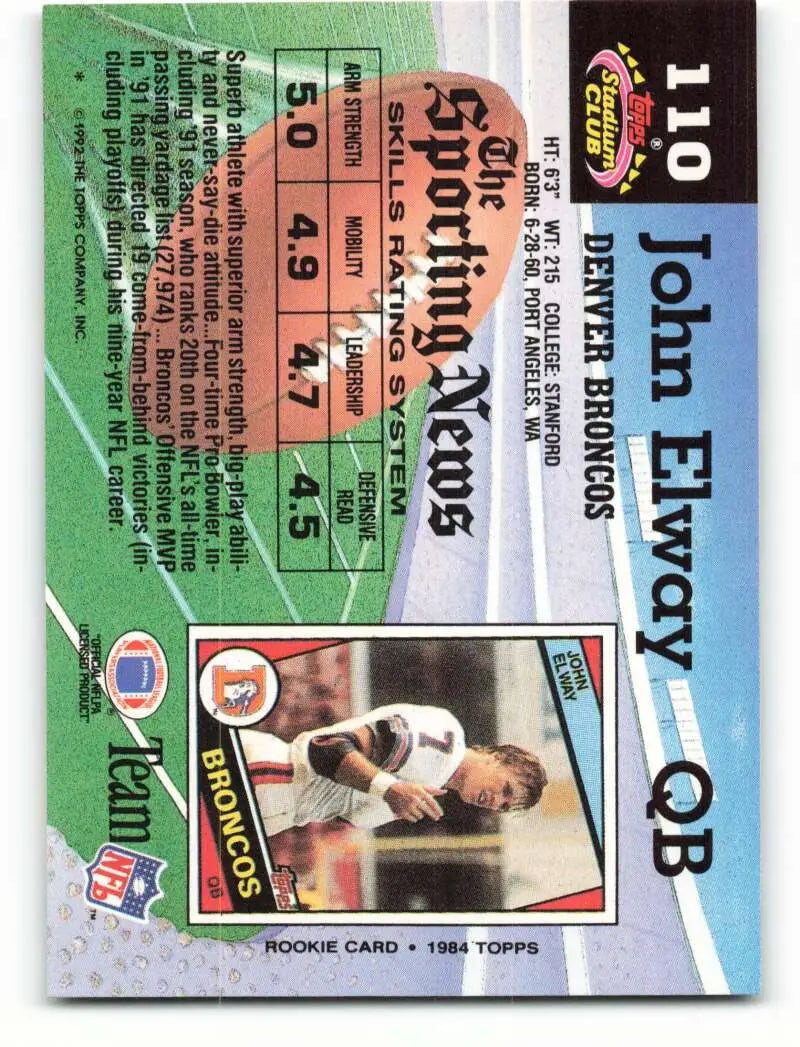 1992 Topps Stadium Club #110 John Elway EX Excellent Denver Broncos Football Card - Football Card Single