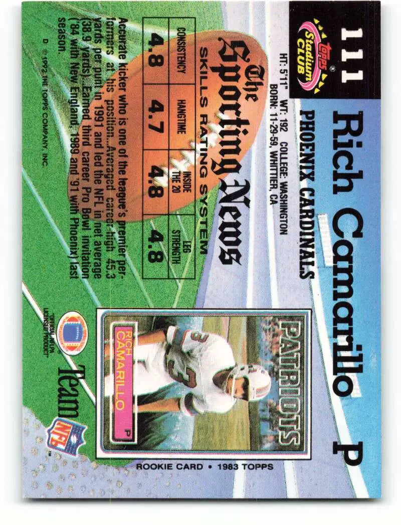 1992 Topps Stadium Club #111 Rich Camarillo EX Excellent Phoenix Cardinals Football Card - Football Card Single