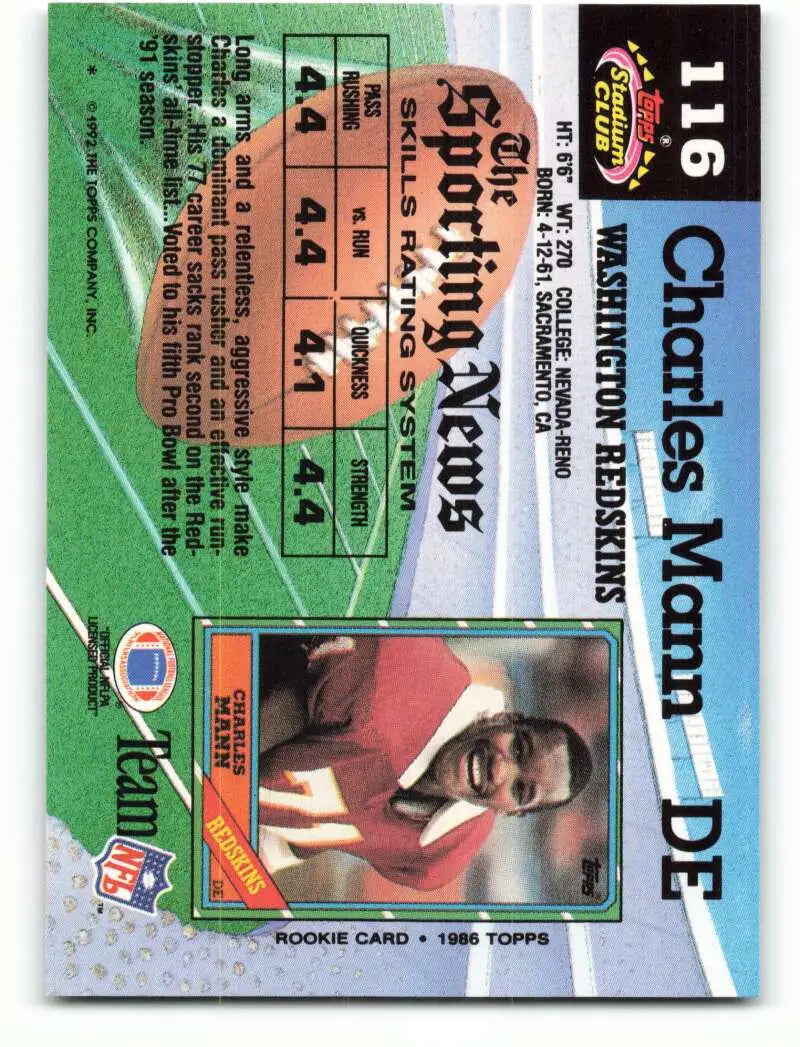1992 Topps Stadium Club #116 Charles Mann EX Excellent Washington Redskins Football Card - Football Card Single