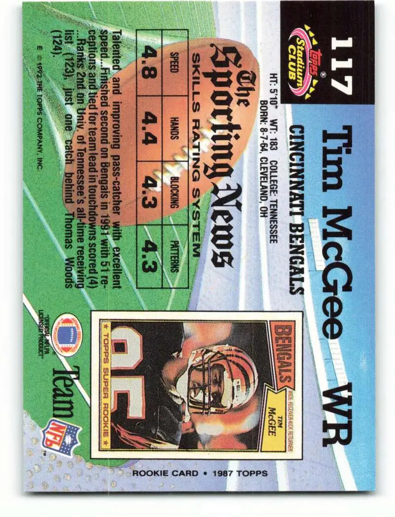 1992 Topps Stadium Club #117 Tim McGee EX Excellent Cincinnati Bengals Football Card - Football Card Single