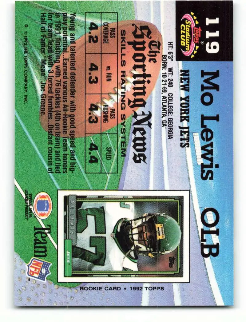 1992 Topps Stadium Club #119 Mo Lewis EX Excellent New York Jets Football Card - Football Card Single