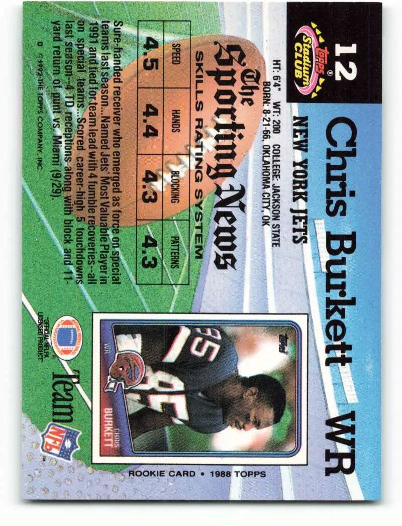 1992 Topps Stadium Club #12 Chris Burkett EX Excellent New York Jets Football Card - Football Card Single