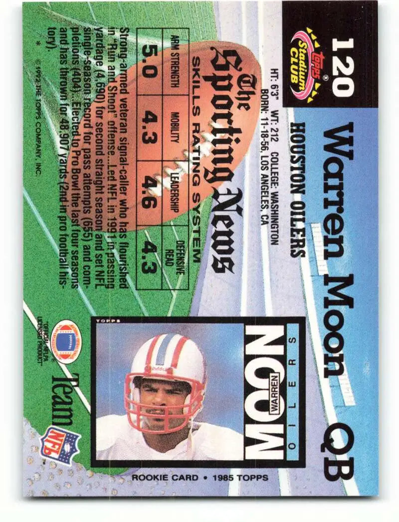 1992 Topps Stadium Club #120 Warren Moon EX Excellent Houston Oilers Football Card - Football Card Single