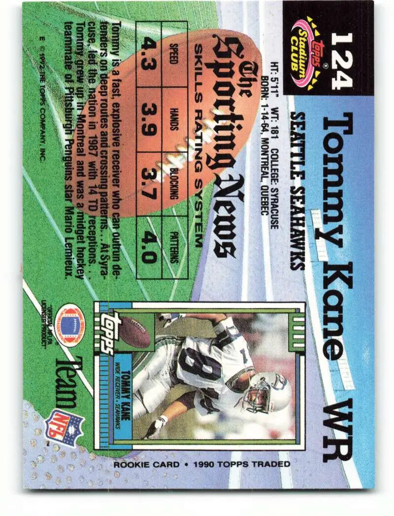 1992 Topps Stadium Club #124 Tommy Kane EX Excellent Seattle Seahawks Football Card - Football Card Single