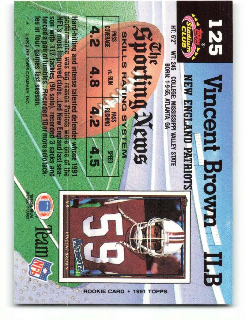 1992 Topps Stadium Club #125 Vincent Brown EX Excellent New England Patriots Football Card