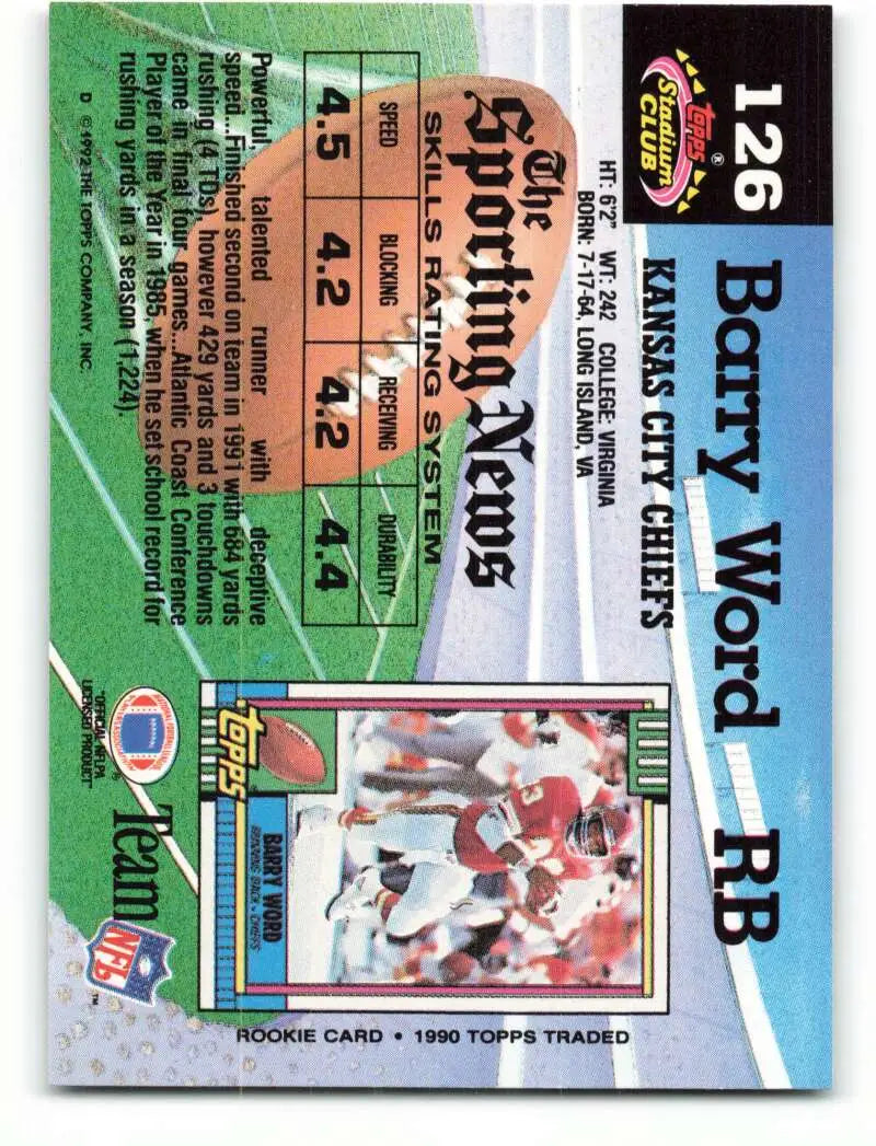 1992 Topps Stadium Club #126 Barry Word EX Excellent Kansas City Chiefs Football Card - Football Card Single