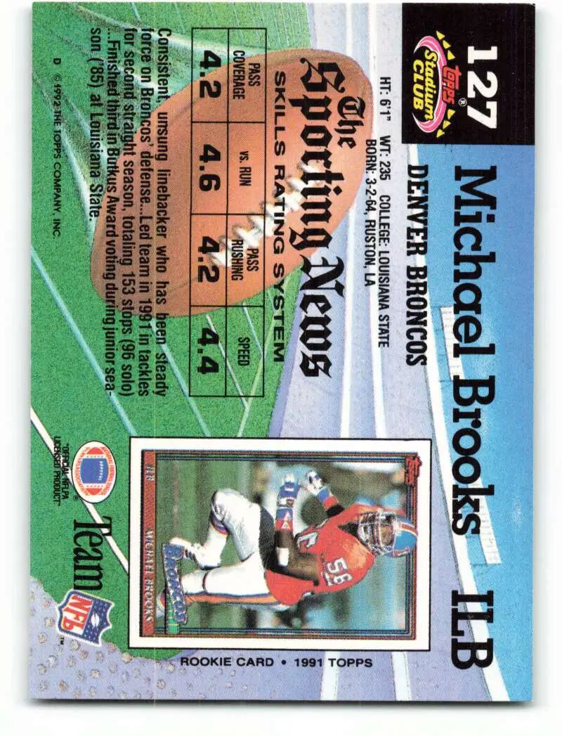 1992 Topps Stadium Club #127 Michael Brooks EX Excellent Denver Broncos Football Card - Football Card Single