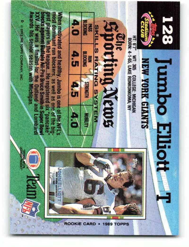 1992 Topps Stadium Club #128 Jumbo Elliott EX Excellent New York Giants Football Card