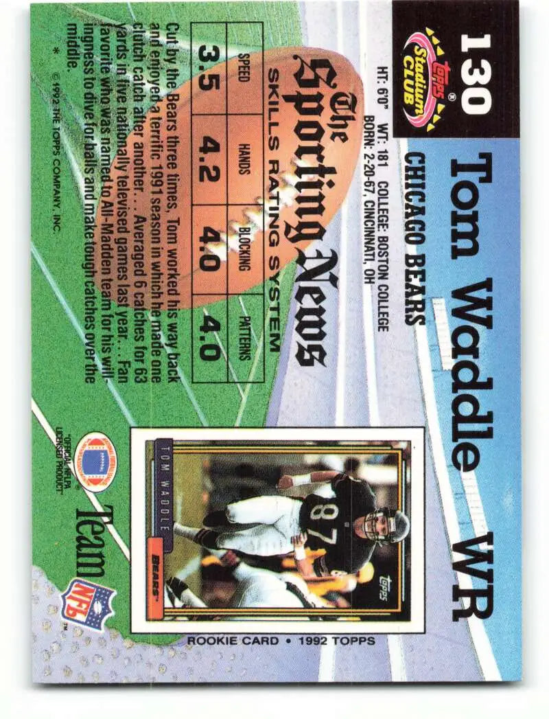 1992 Topps Stadium Club #130 Tom Waddle EX Excellent Chicago Bears Football Card - Football Card Single