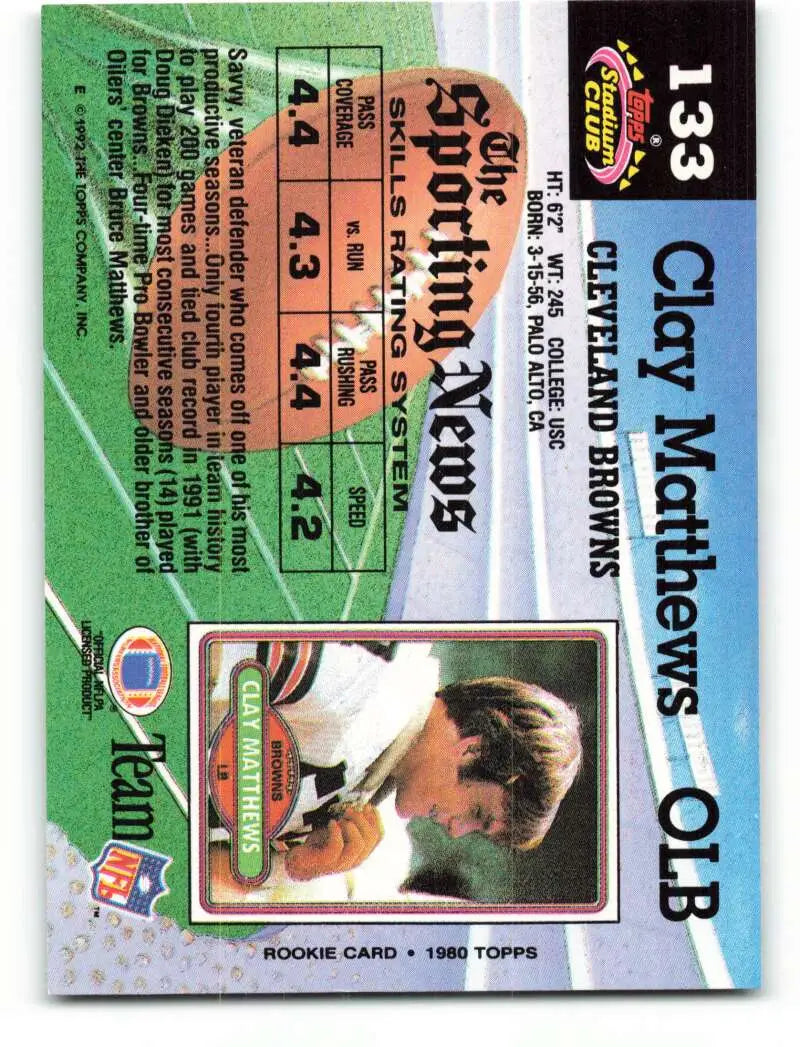1992 Topps Stadium Club #133 Clay Matthews EX Excellent Cleveland Browns Football Card - Football Card Single