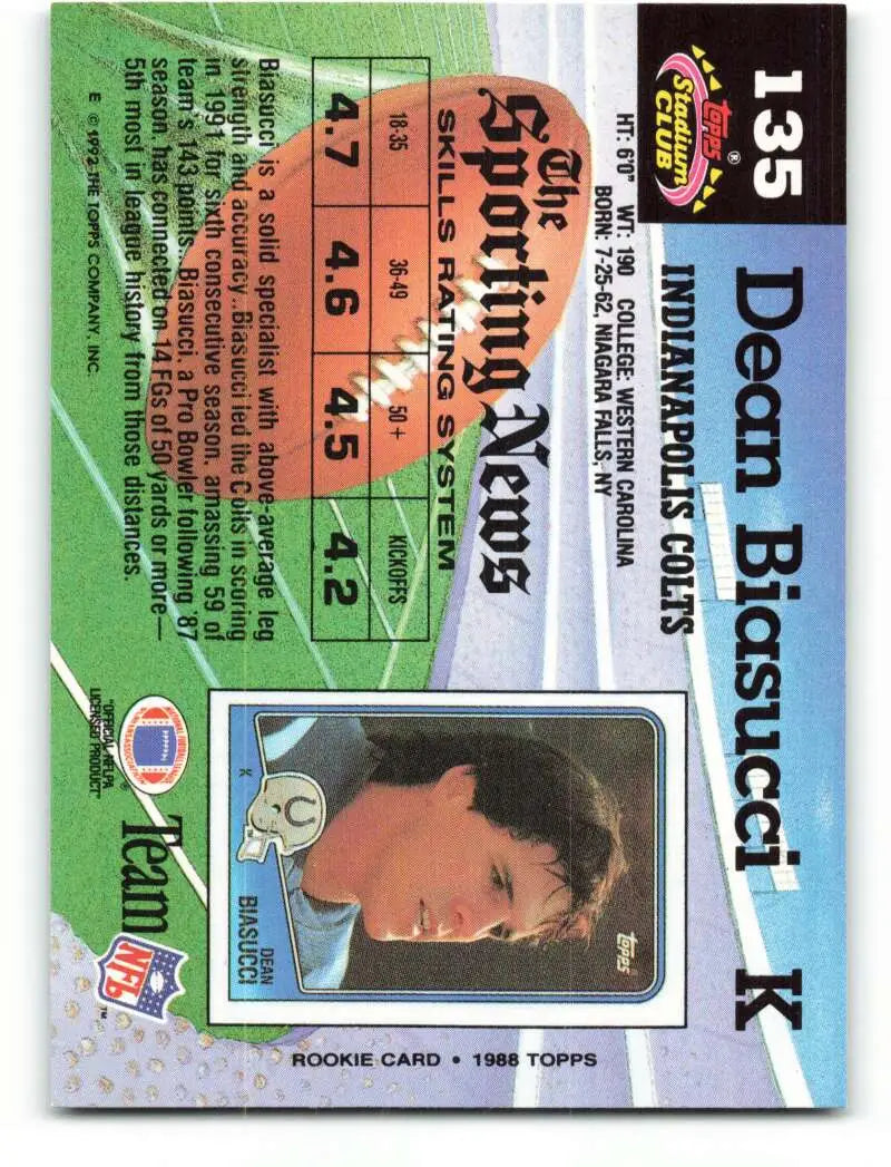 1992 Topps Stadium Club #135 Dean Biasucci EX Excellent Indianapolis Colts Football Card - Football Card Single