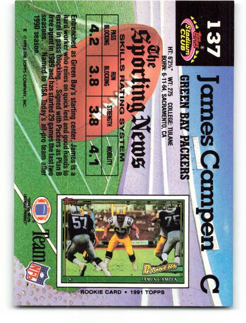 1992 Topps Stadium Club #137 James Campen EX Excellent Green Bay Packers Football Card - Football Card Single