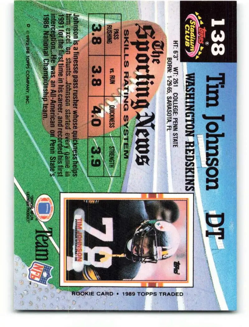 1992 Topps Stadium Club #138 Tim Johnson EX Excellent Washington Redskins Football Card - Football Card Single