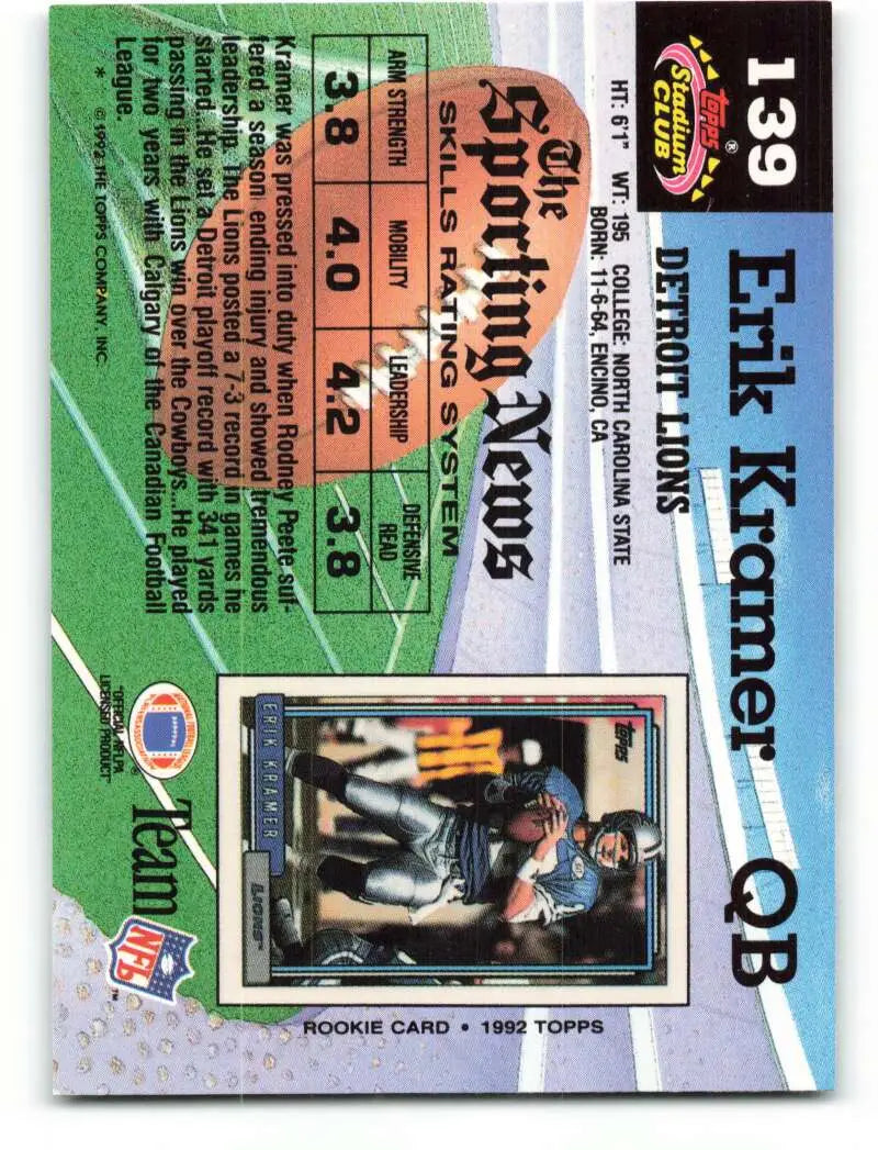 1992 Topps Stadium Club #139 Erik Kramer EX Excellent Detroit Lions Football Card - Football Card Single