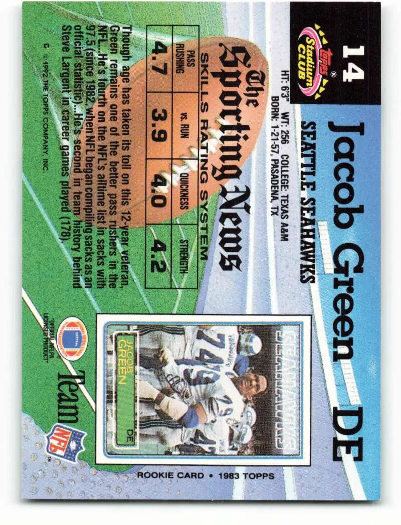 1992 Topps Stadium Club #14 Jacob Green EX Excellent Seattle Seahawks Football Card - Football Card Single