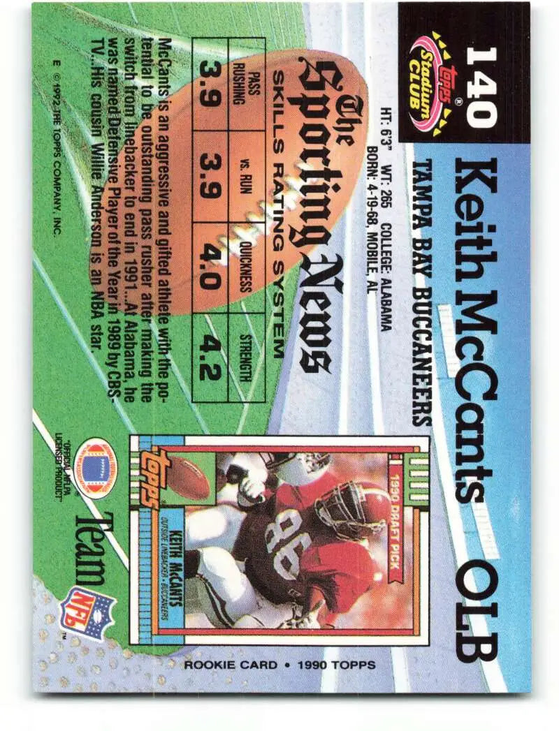 1992 Topps Stadium Club #140 Keith McCants EX Excellent Tampa Bay Buccaneers Football Card - Football Card Single