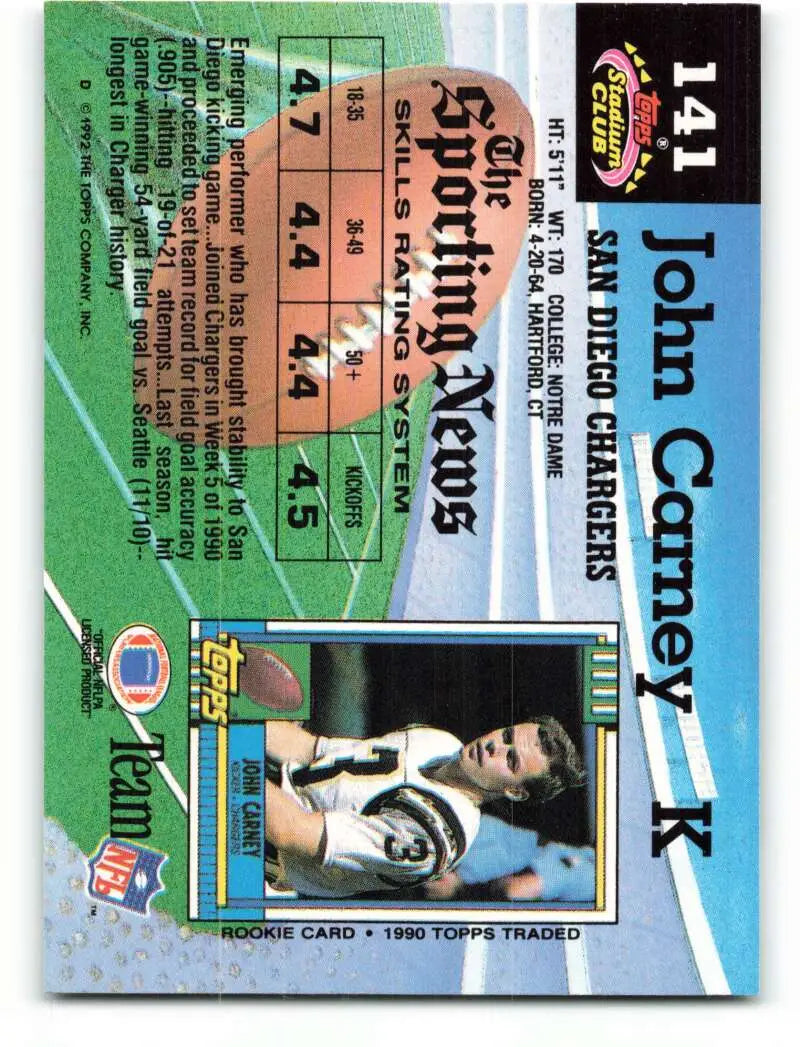 1992 Topps Stadium Club #141 John Carney EX Excellent San Diego Chargers Football Card