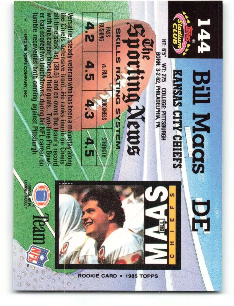 1992 Topps Stadium Club #144 Bill Maas EX Excellent Kansas City Chiefs Football Card - Football Card Single