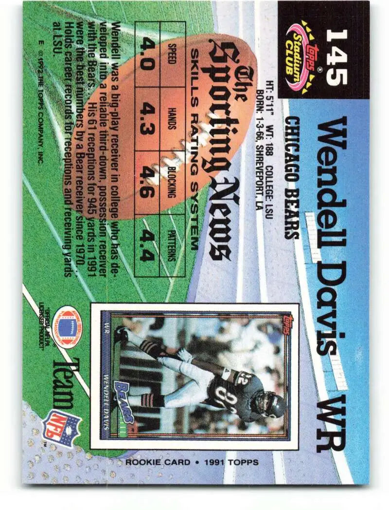 1992 Topps Stadium Club #145 Wendell Davis EX Excellent Chicago Bears Football Card - Football Card Single