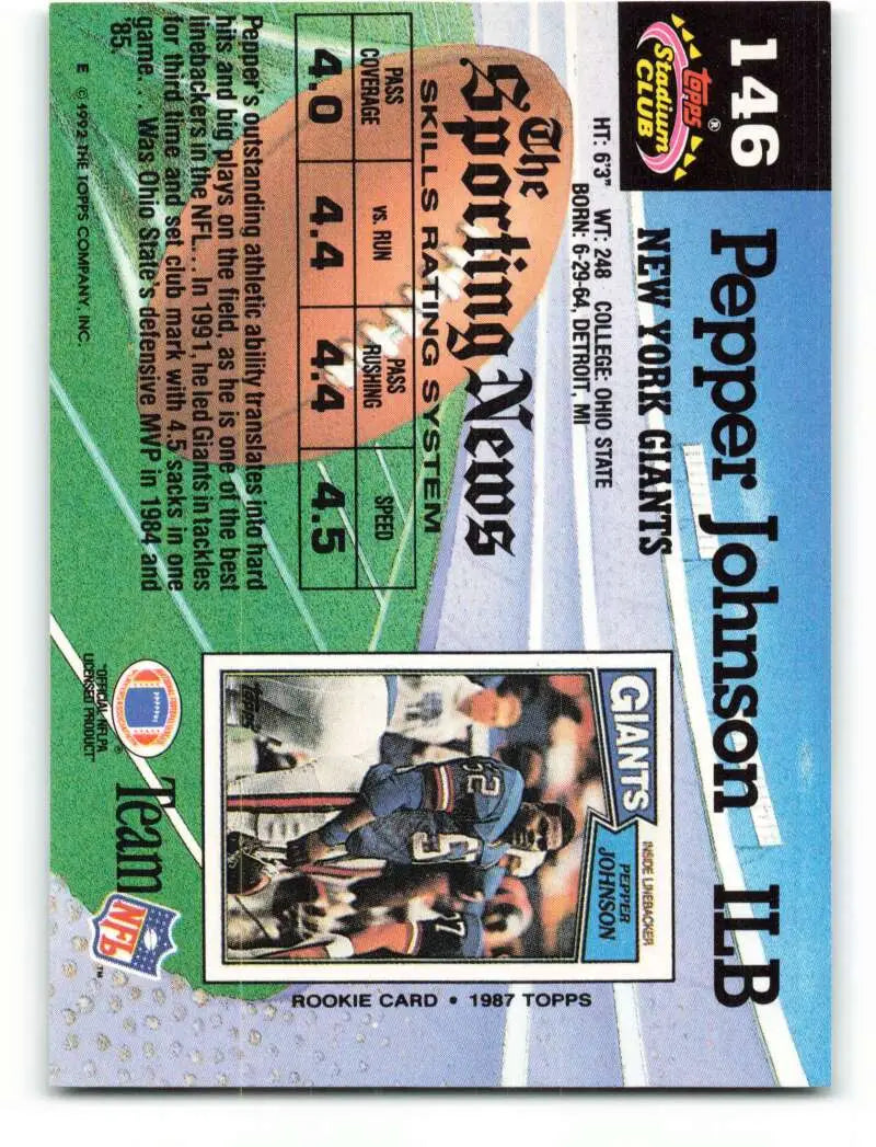 1992 Topps Stadium Club #146 Pepper Johnson EX Excellent New York Giants Football Card