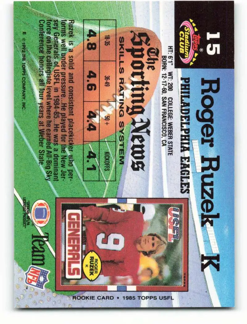 1992 Topps Stadium Club #15 Roger Ruzek EX Excellent Philadelphia Eagles Football Card - Football Card Single