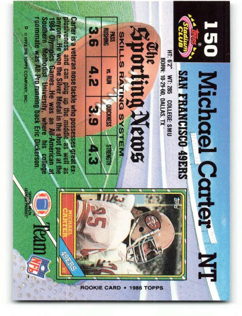 1992 Topps Stadium Club #150 Michael Carter EX Excellent San Francisco 49ers Football Card - Football Card Single
