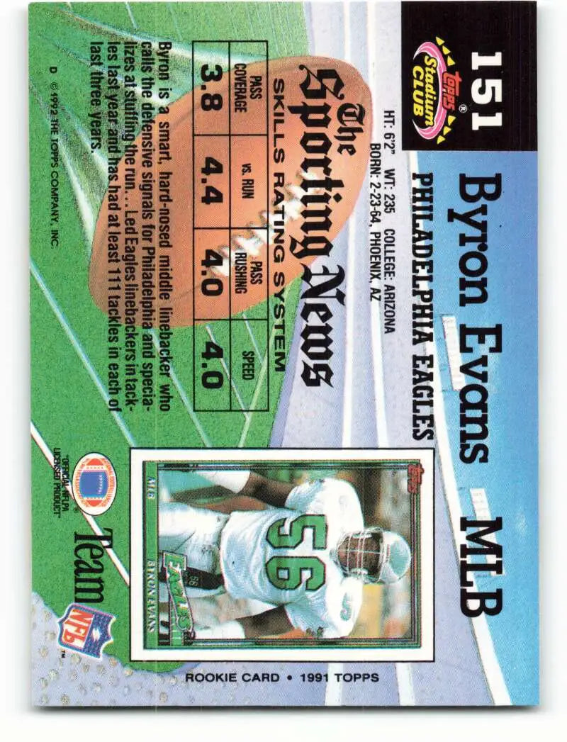 1992 Topps Stadium Club #151 Byron Evans EX Excellent Philadelphia Eagles Football Card - Football Card Single
