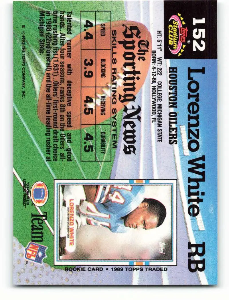 1992 Topps Stadium Club #152 Lorenzo White EX Excellent Houston Oilers Football Card - Football Card Single
