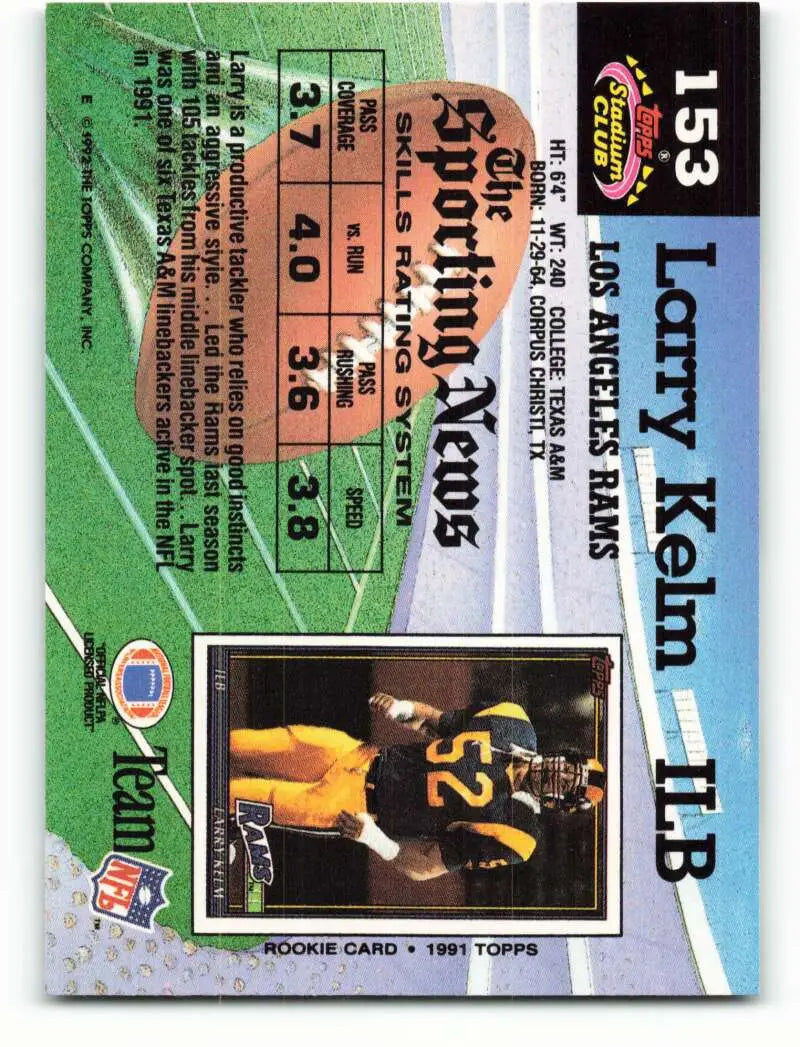 1992 Topps Stadium Club #153 Larry Kelm EX Excellent Los Angeles Rams Football Card - Football Card Single