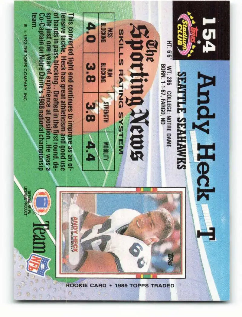 1992 Topps Stadium Club #154 Andy Heck EX Excellent Seattle Seahawks Football Card - Football Card Single
