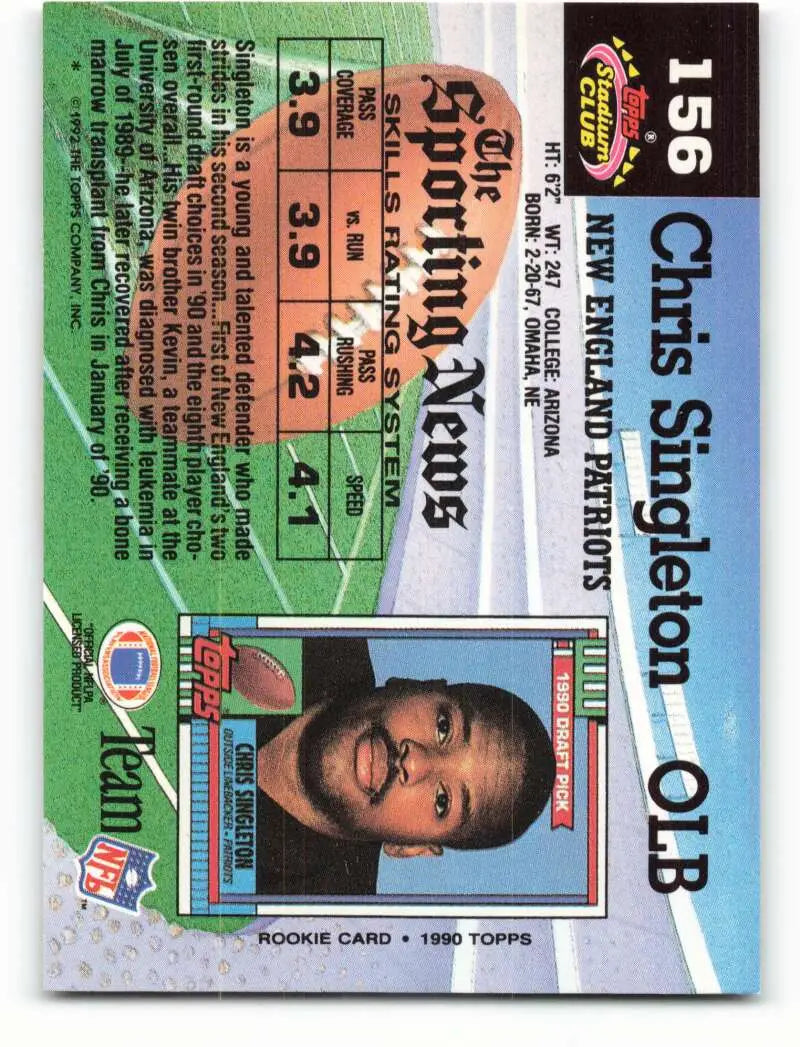 1992 Topps Stadium Club #156 Chris Singleton EX Excellent New England Patriots Football Card - Football Card Single