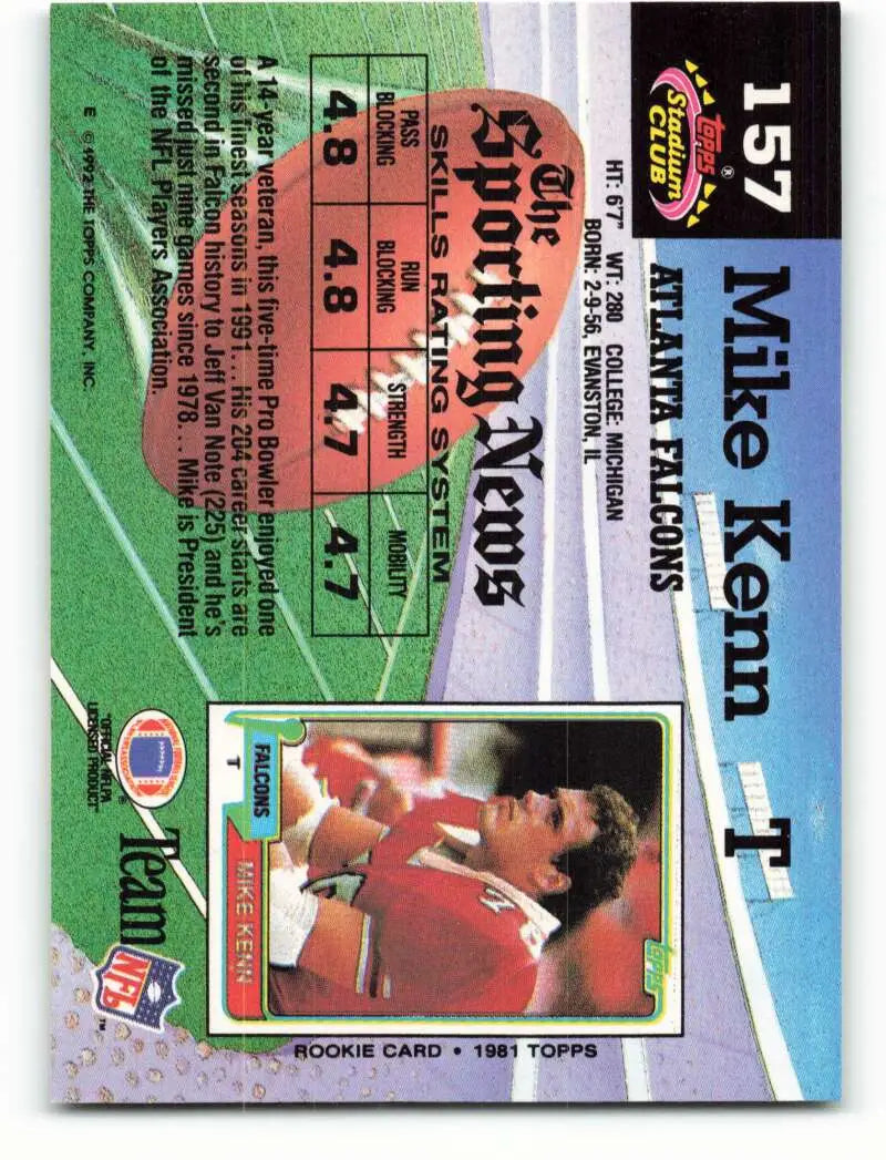 1992 Topps Stadium Club #157 Mike Kenn EX Excellent Atlanta Falcons Football Card - Football Card Single