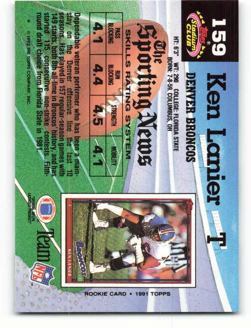 1992 Topps Stadium Club #159 Ken Lanier EX Excellent Denver Broncos Football Card - Football Card Single