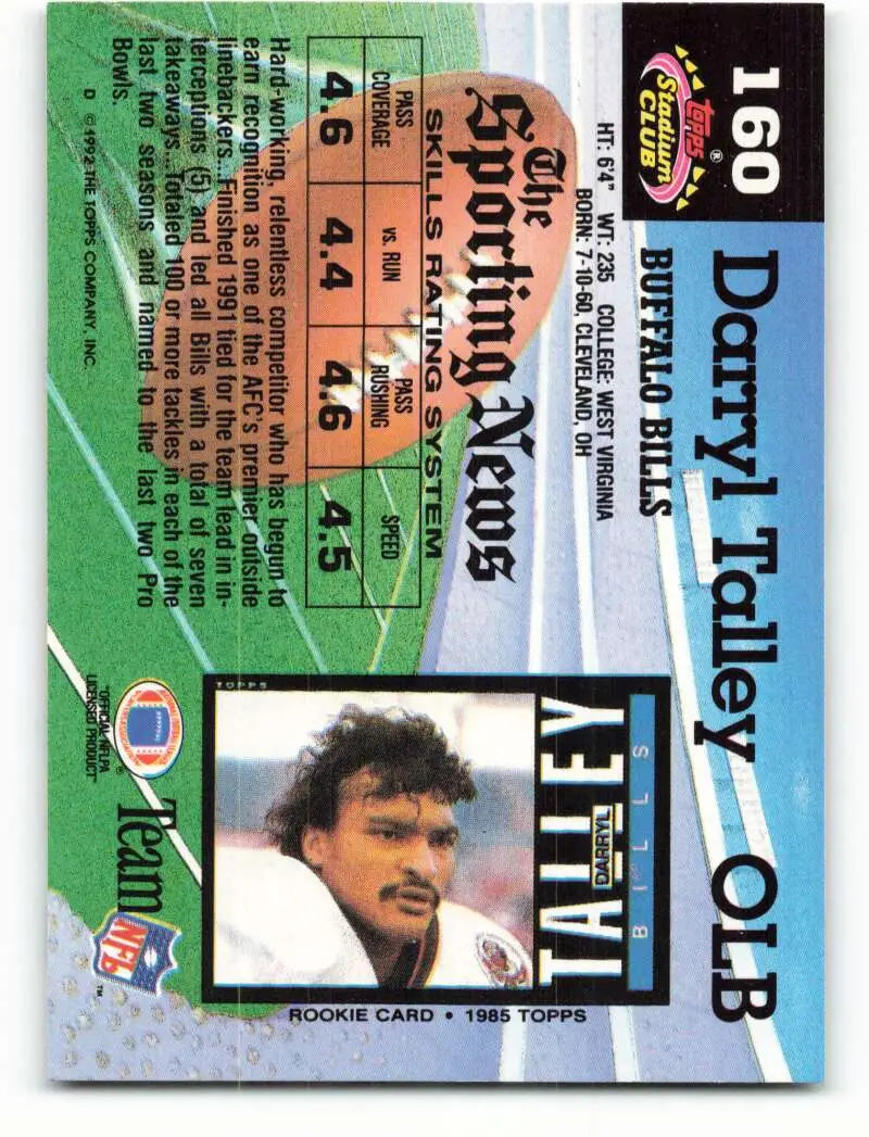 1992 Topps Stadium Club #160 Darryl Talley EX Excellent Buffalo Bills Football Card - Football Card Single