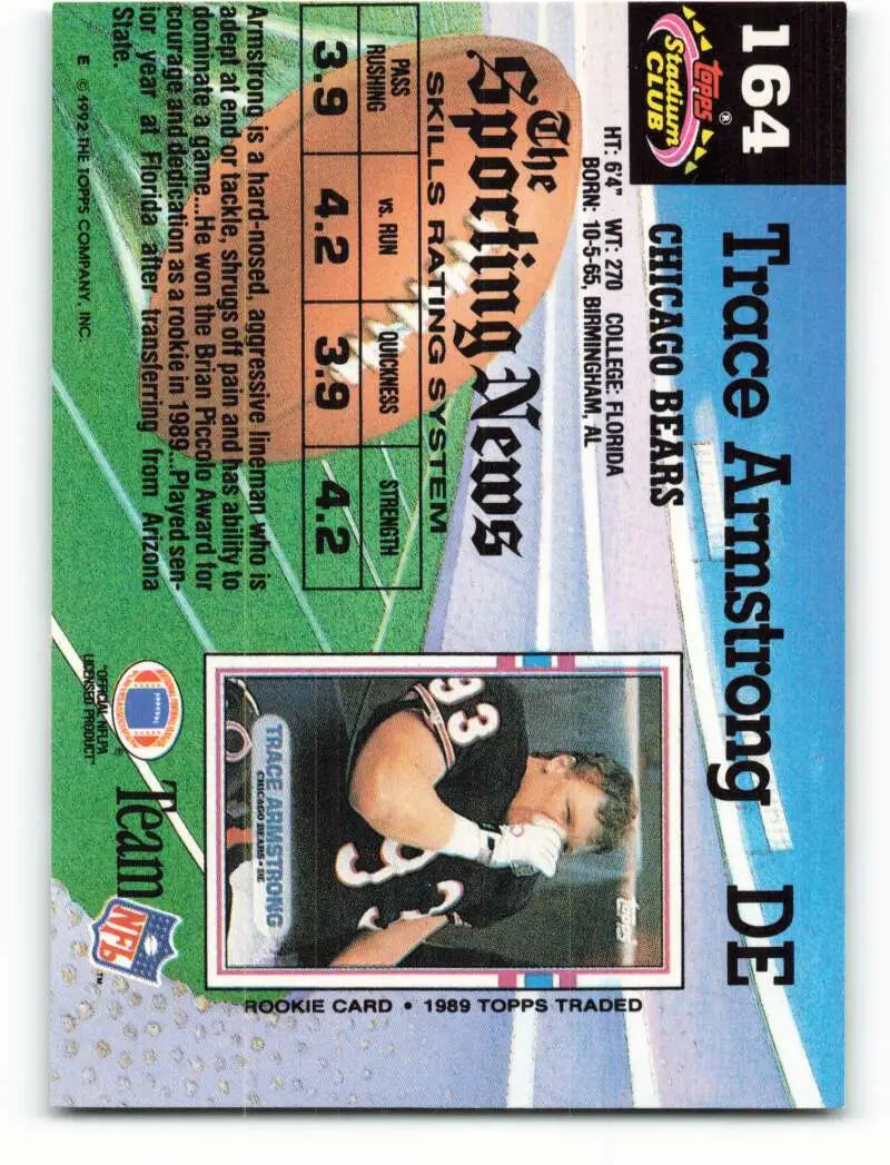 1992 Topps Stadium Club #164 Trace Armstrong EX Excellent Chicago Bears Football Card - Football Card Single