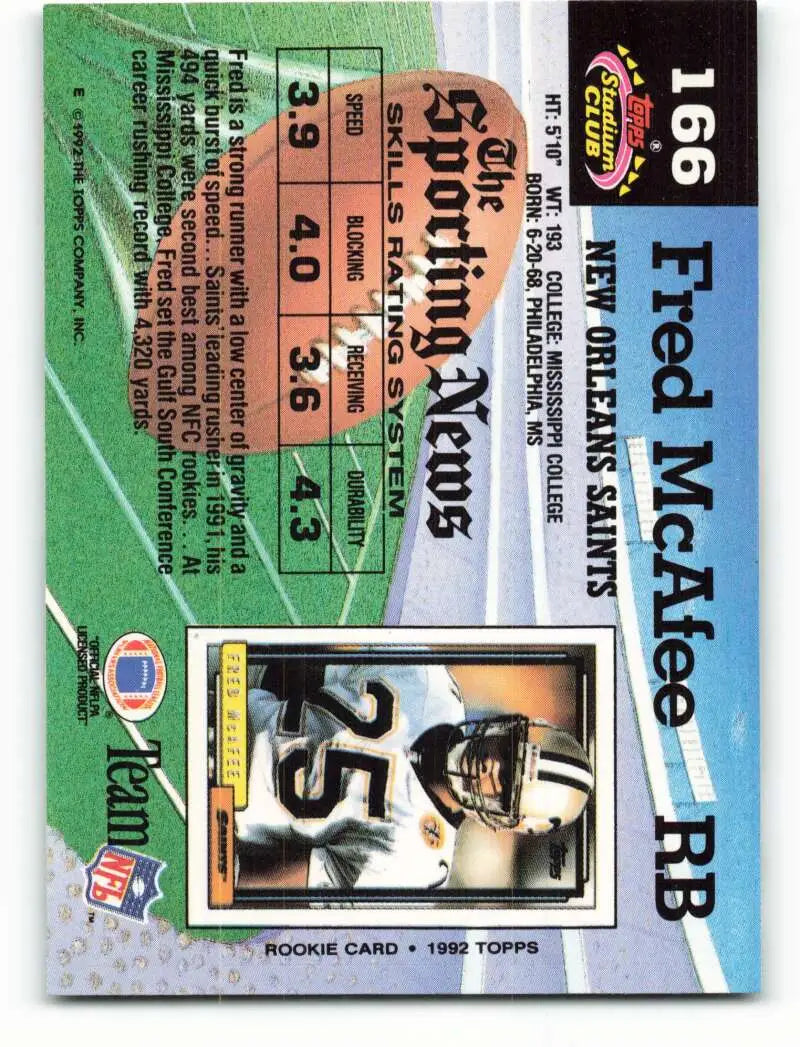 1992 Topps Stadium Club #166 Fred McAfee EX Excellent RC Rookie New Orleans Saints Football Card - Football Card Single