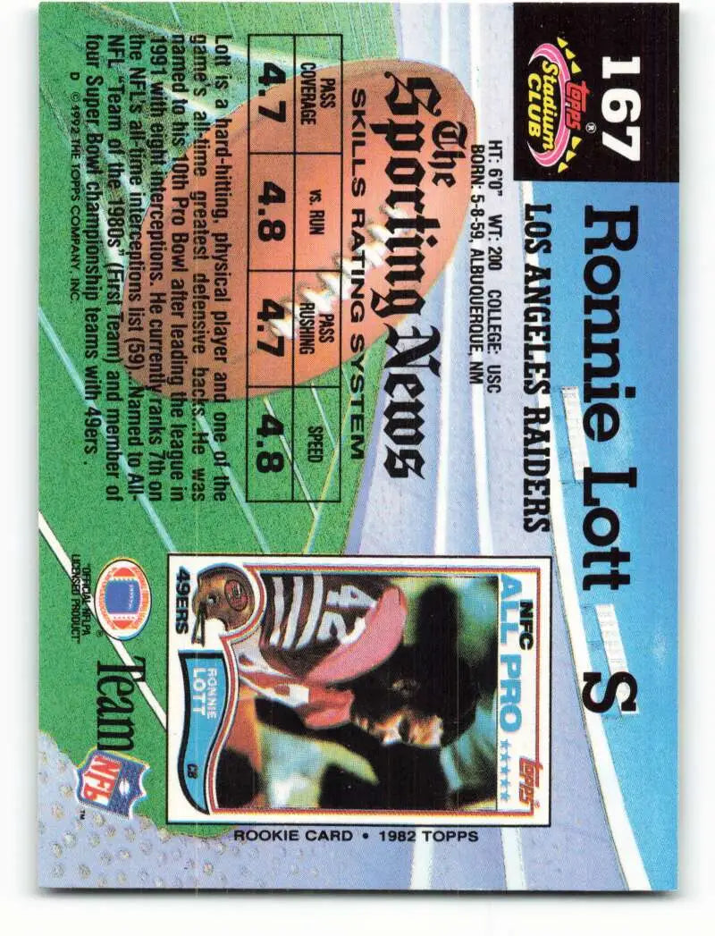 1992 Topps Stadium Club #167 Ronnie Lott EX Excellent Los Angeles Raiders Football Card - Football Card Single