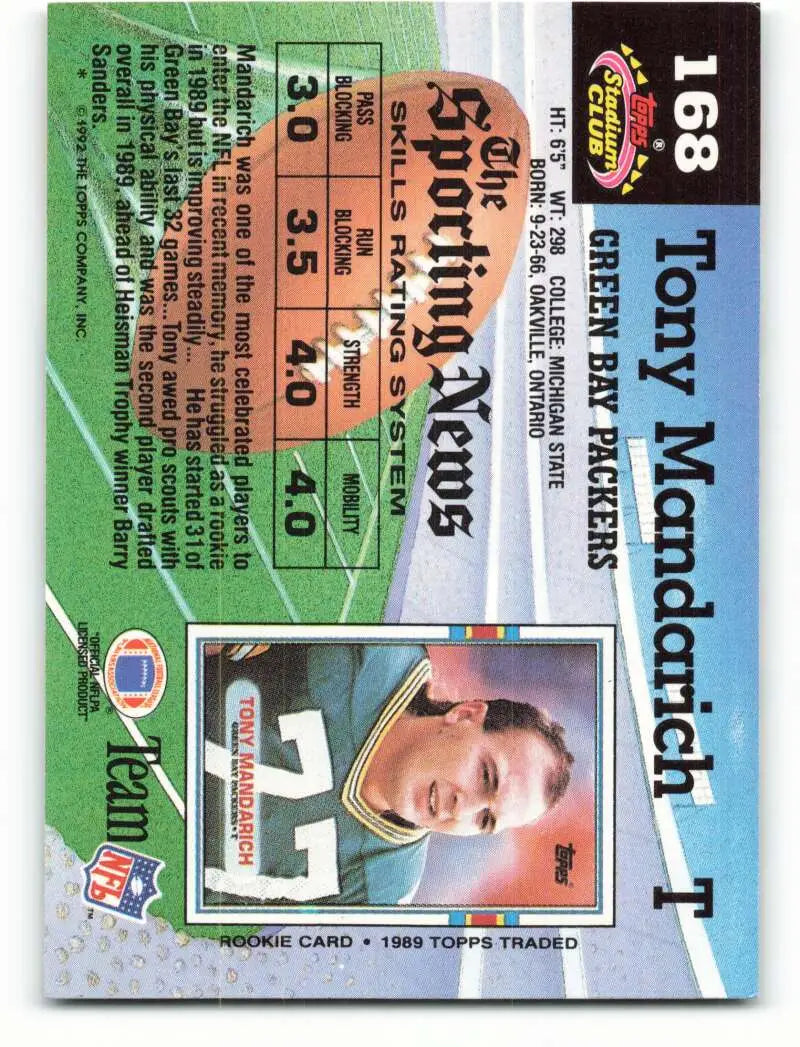 1992 Topps Stadium Club #168 Tony Mandarich EX Excellent Green Bay Packers Football Card - Football Card Single