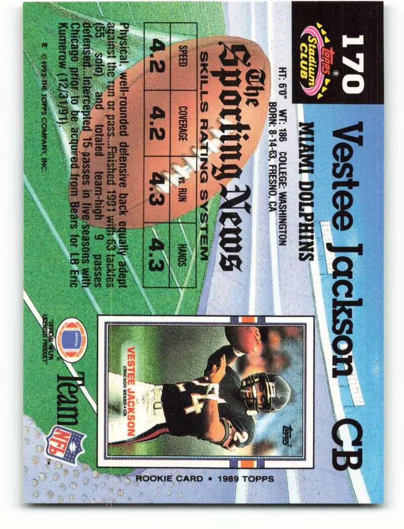 1992 Topps Stadium Club #170 Vestee Jackson EX Excellent Miami Dolphins Football Card - Football Card Single
