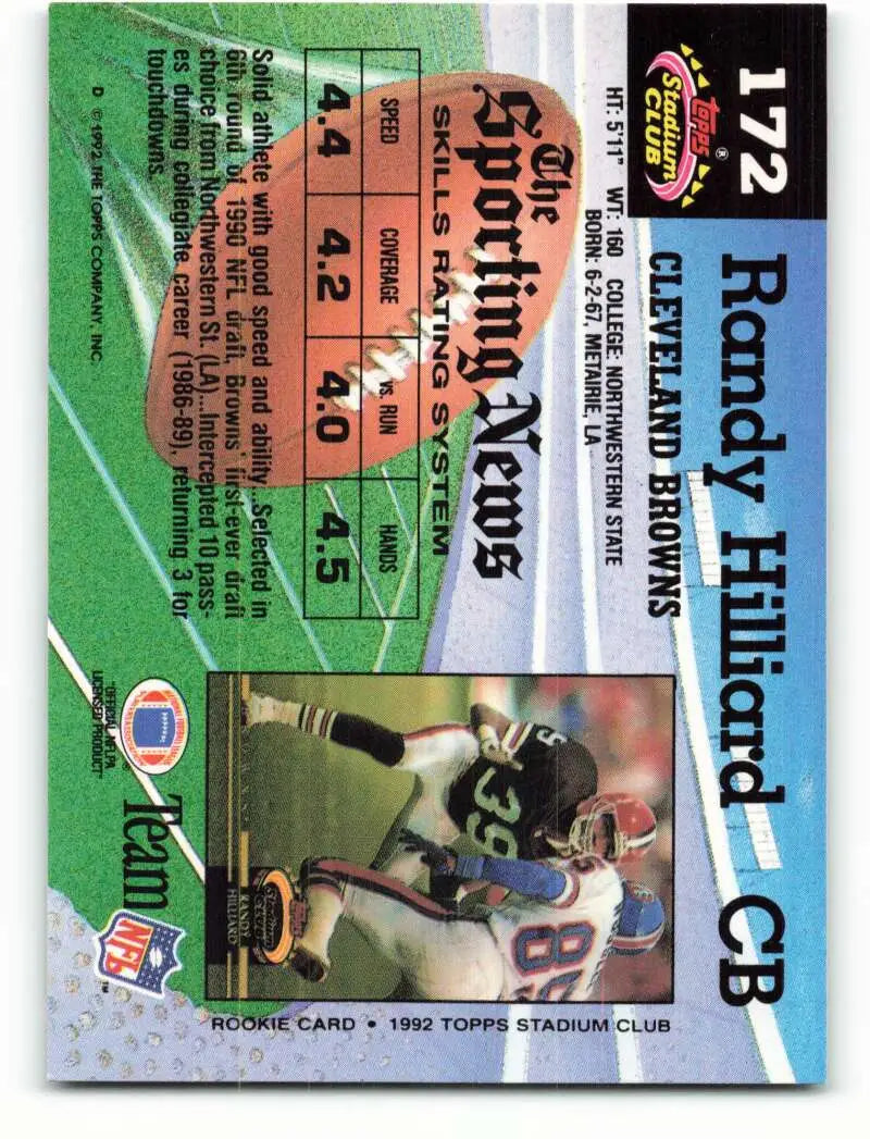 1992 Topps Stadium Club #172 Randy Hilliard EX Excellent RC Rookie Cleveland Browns Football Card - Football Card Single