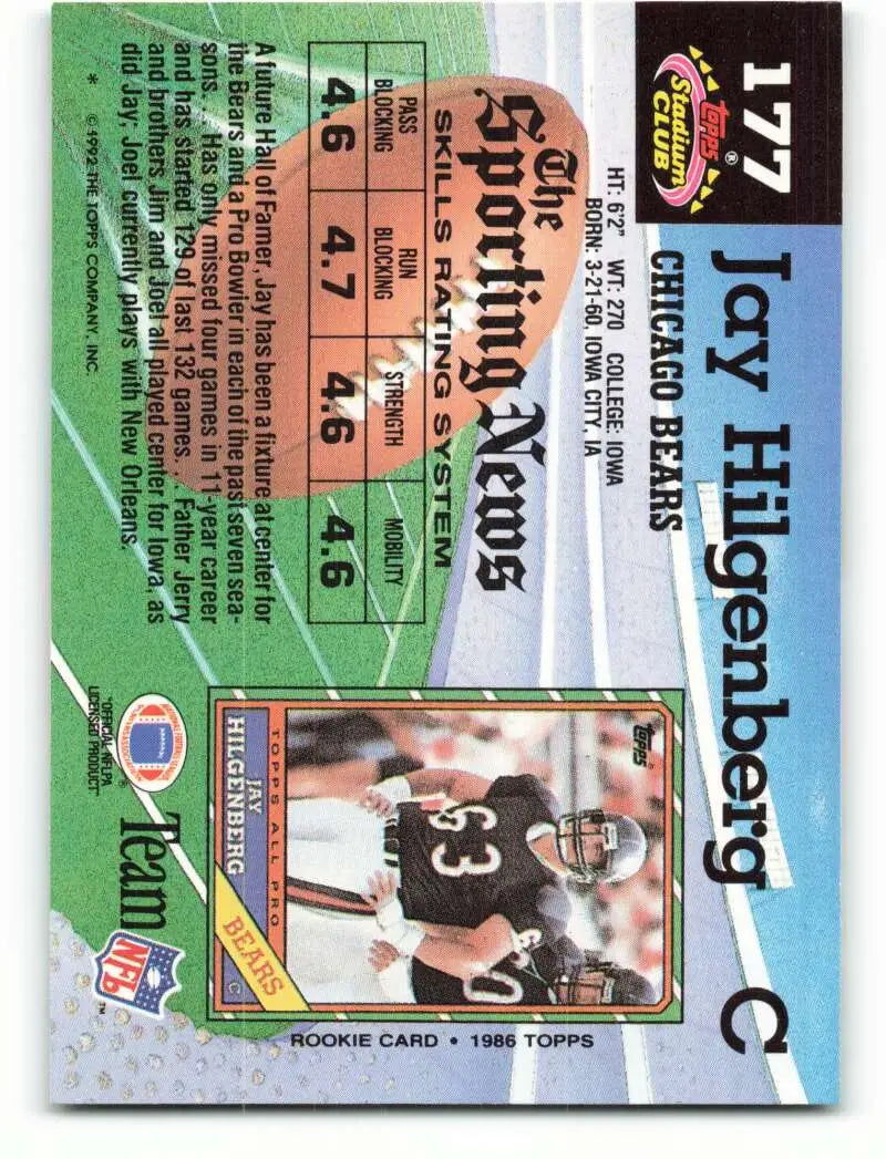 1992 Topps Stadium Club #177 Jay Hilgenberg EX Excellent Chicago Bears Football Card - Football Card Single