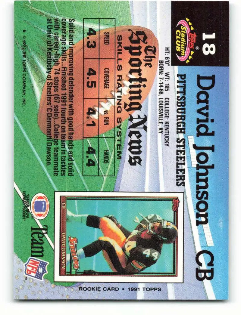 1992 Topps Stadium Club #18 D.J. Johnson EX Excellent Pittsburgh Steelers Football Card - Football Card Single
