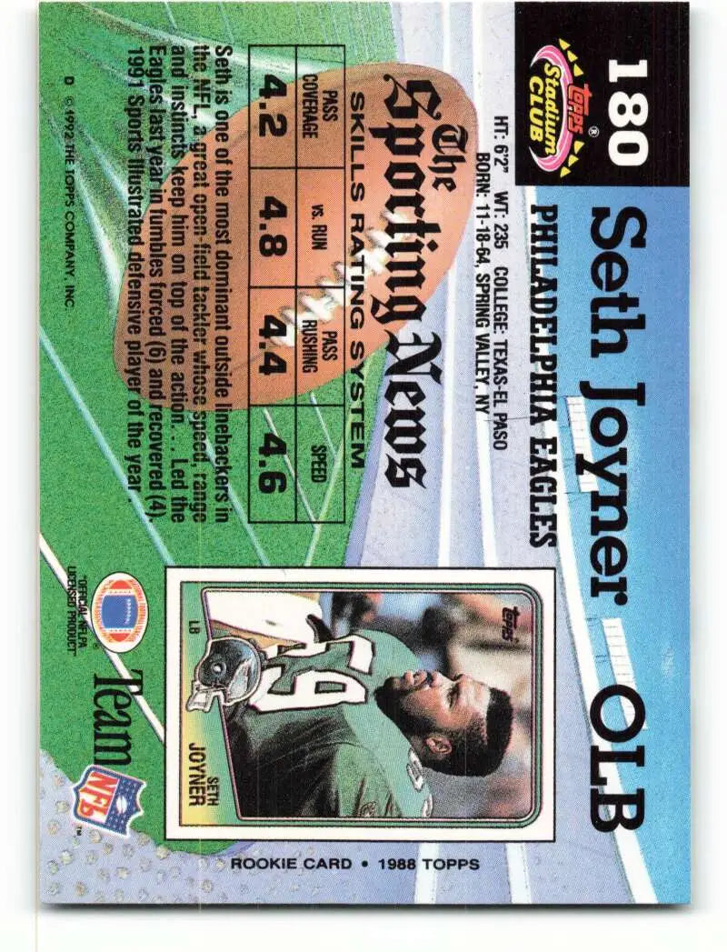 1992 Topps Stadium Club #180 Seth Joyner EX Excellent Philadelphia Eagles Football Card - Football Card Single