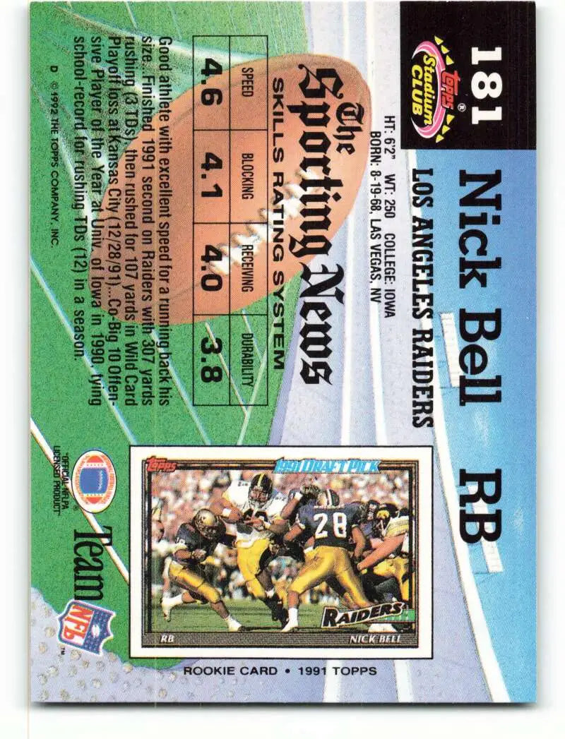 1992 Topps Stadium Club #181 Nick Bell EX Excellent Los Angeles Raiders Football Card - Football Card Single