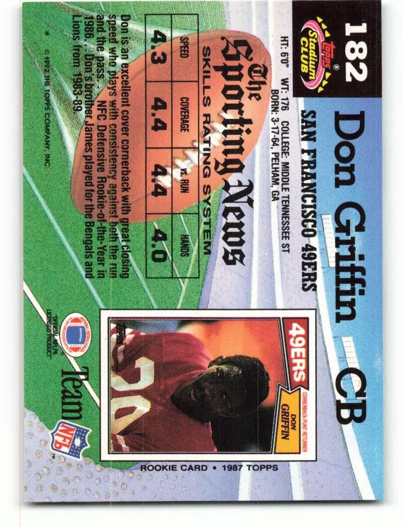 1992 Topps Stadium Club #182 Don Griffin EX Excellent San Francisco 49ers Football Card - Football Card Single